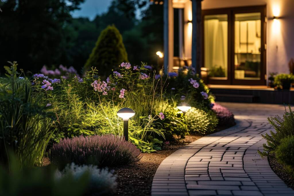 Camino curvado de piedra iluminado por modernas luces de jardín, bordeado por plantas con flores y arbustos frondosos, que conduce a la entrada de una casa cálidamente iluminada al anochecer.