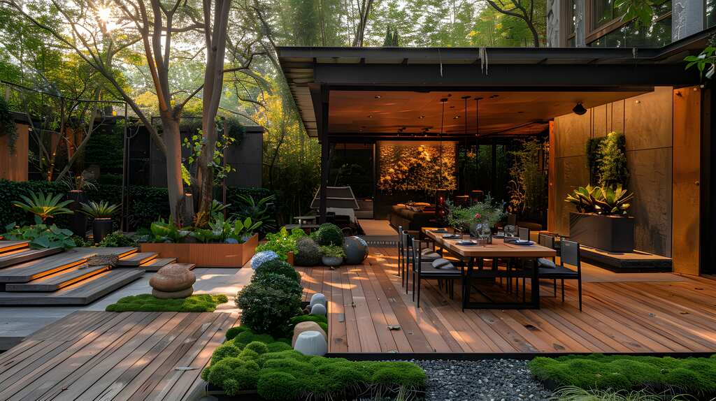 Zona exterior moderna de comedor y salón con tarima de madera, rodeada de vegetación frondosa, plantas escultóricas, arreglos de musgo y escaleras iluminadas, que integra elementos naturales con arquitectura contemporánea.