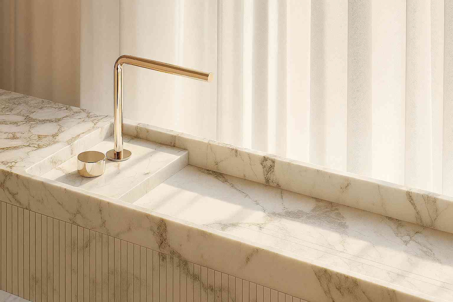 Pia de cozinha de mármore branca com detalhes em dourado e torneira moderna, ideal para cozinhas sofisticadas, com iluminação natural de cortinas brancas ao fundo.