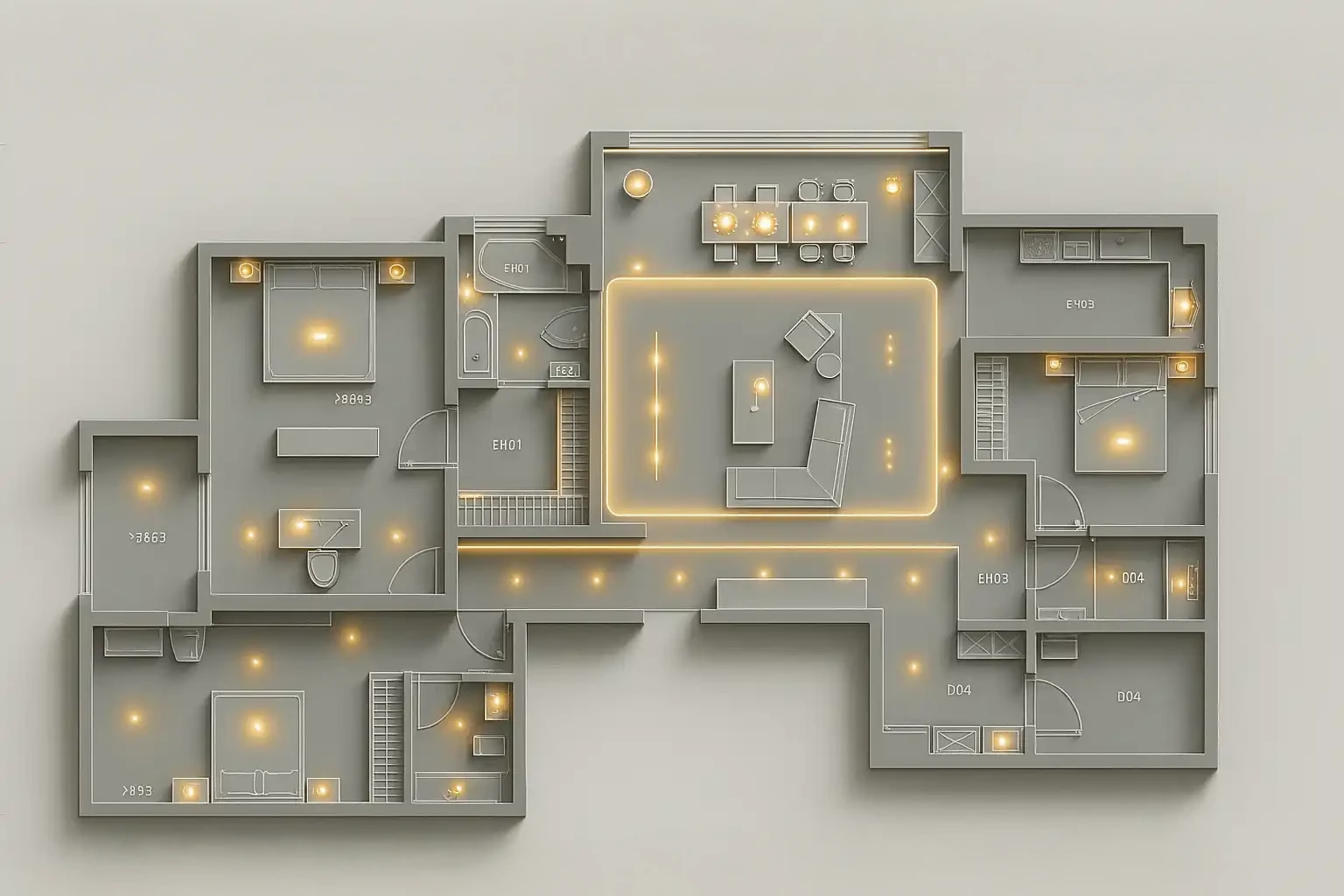 Imagem de planta baixa de apartamento moderna, com iluminação suave, áreas de convivência e quartos bem distribuídos, ideal para decoração e projetos de interiores.