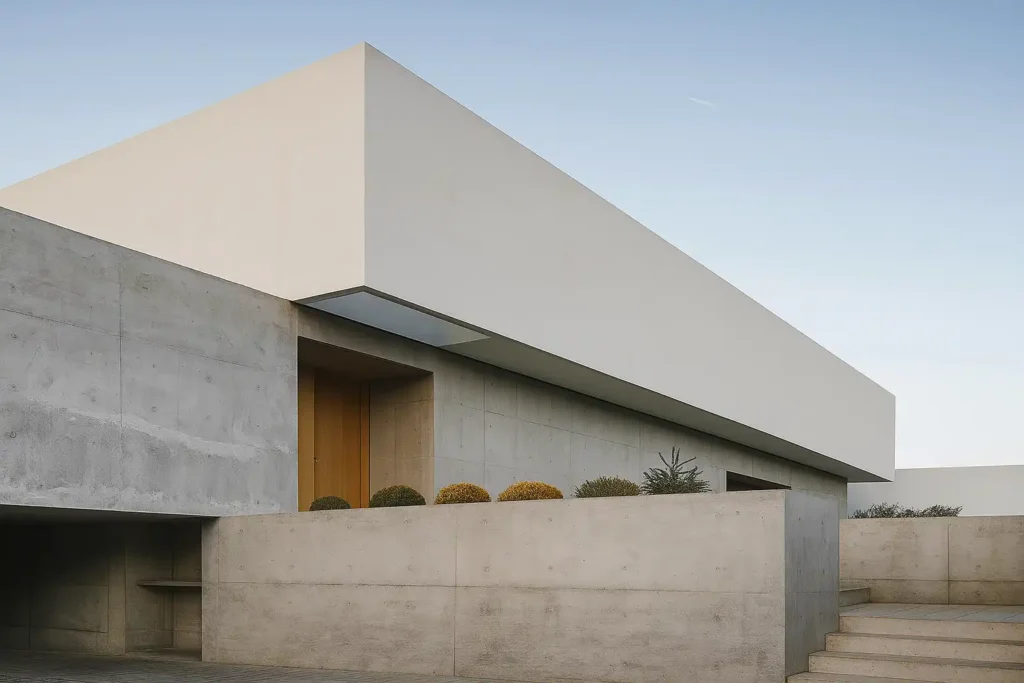 Imagem de um prédio contemporâneo com arquitetura minimalista, usando concreto e formas geométricas, refletindo design moderno e funcionalidade.