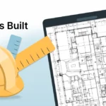 Imagem de um tablet exibindo um projeto de arquitetura, junto a um capacete de construção e uma fita métrica, simbolizando construção e planejamento de obras.
