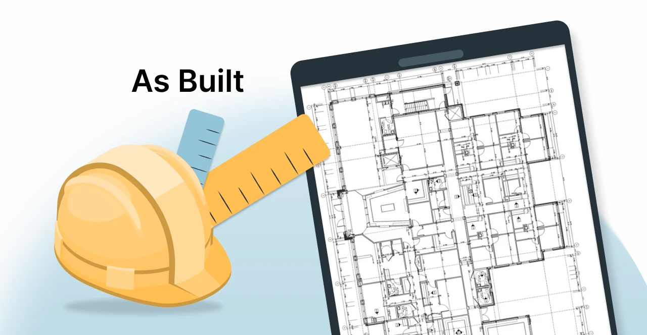 Imagem de um tablet exibindo um projeto de arquitetura, junto a um capacete de construção e uma fita métrica, simbolizando construção e planejamento de obras.