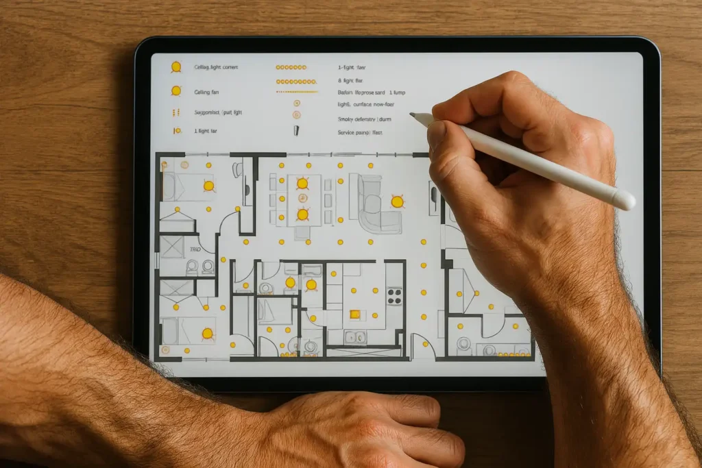 Pessoa analisando um projeto de planta baixa digital em um tablet com caneta stylus, focada em detalhes de iluminação LED e design de interiores.