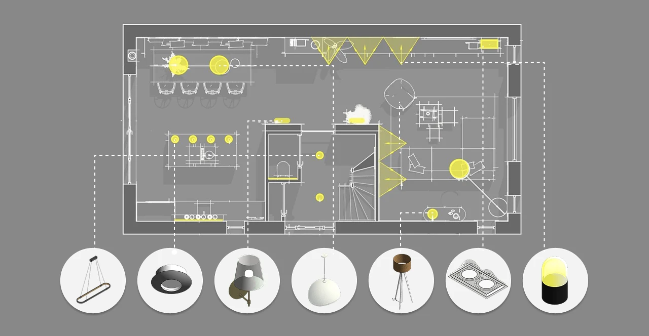 Projeto de iluminação para uma residência, incluindo diferentes tipos de luminárias e pontos de luz distribuídos no piso, ideal para otimizar ambientes e criar efeitos de iluminação sofisticados.