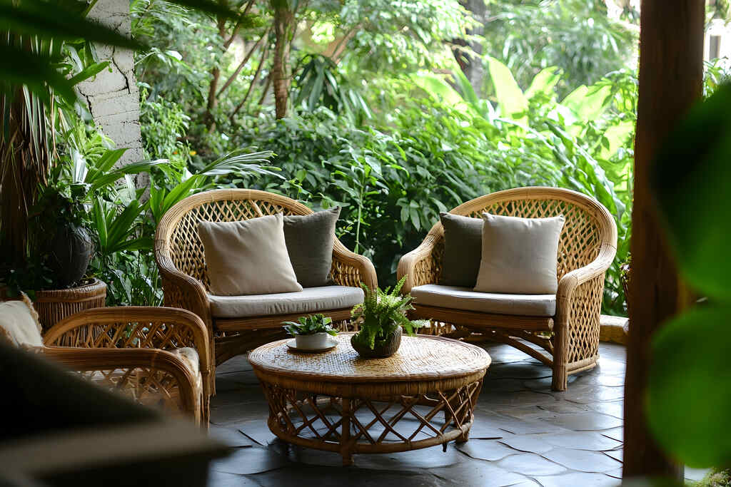 Acogedora zona de estar exterior con sillones de ratán y una mesa de centro redonda de ratán, decorada con cojines en tonos neutros y pequeñas macetas, rodeada de exuberante vegetación y cubierta parcialmente por un tejado.
