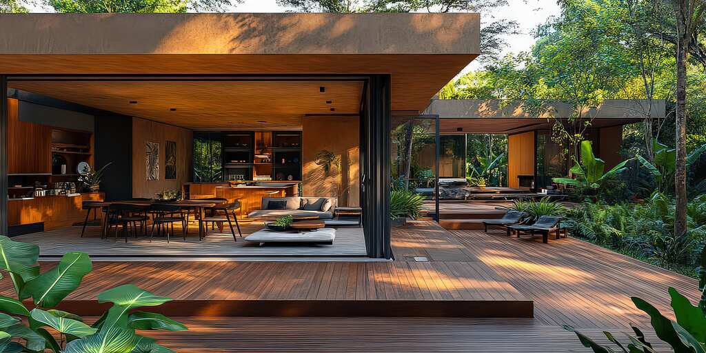Casa contemporánea de concepto abierto con amplias terrazas de madera que integran perfectamente los espacios interiores y exteriores, con grandes puertas correderas de cristal, acabados en madera natural y rodeada de una exuberante vegetación tropical.