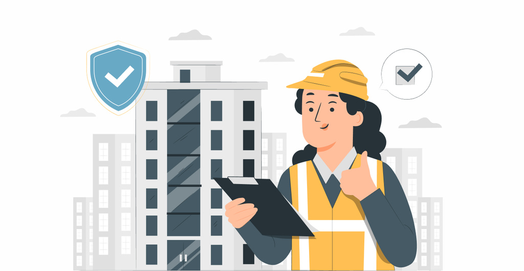 Ilustrção de uma mulher engenheira ou arquiteta usando capacete de segurança e vestimenta de trabalho, segurando uma prancheta e dando um like, com edifícios ao fundo. Representa segurança na construção civil e fiscalização de obras.