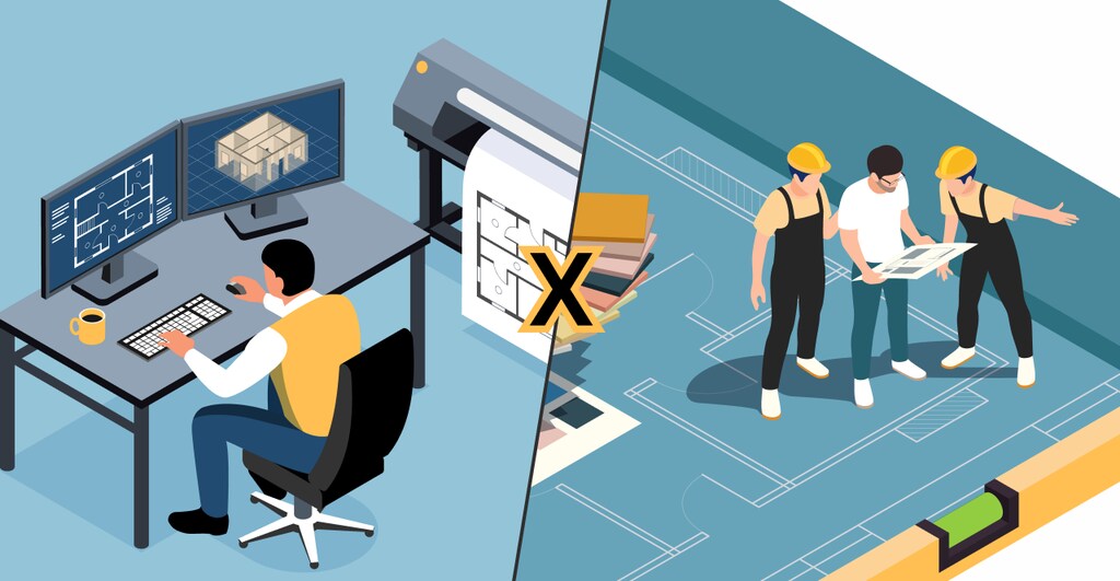Ilustração comparativa de projetos de arquitetura digital em computador e projetos físicos em construção com engenheiros analisando plantas.