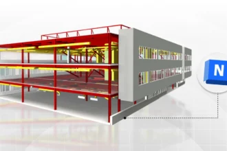 Modelagem arquitetônica de uma estrutura de edifício usando Navisworks, destaque para o detalhamento em 3D e integração de projetos para otimização da construção.