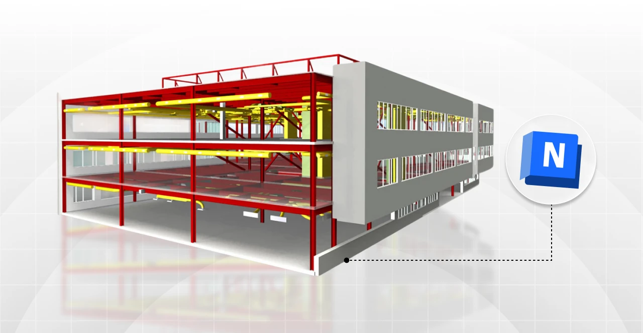 Modelagem arquitetônica de uma estrutura de edifício usando Navisworks, destaque para o detalhamento em 3D e integração de projetos para otimização da construção.