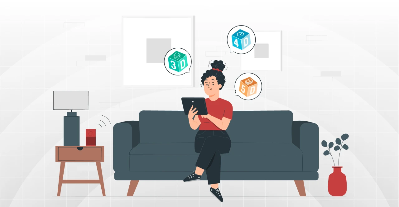Mulher usando dispositivo móvel com conceitos de modelagem 3D, incluindo cubos numerados de 3D, 4D, 5D, ilustrando funcionalidades e aplicações do software Navisworks.