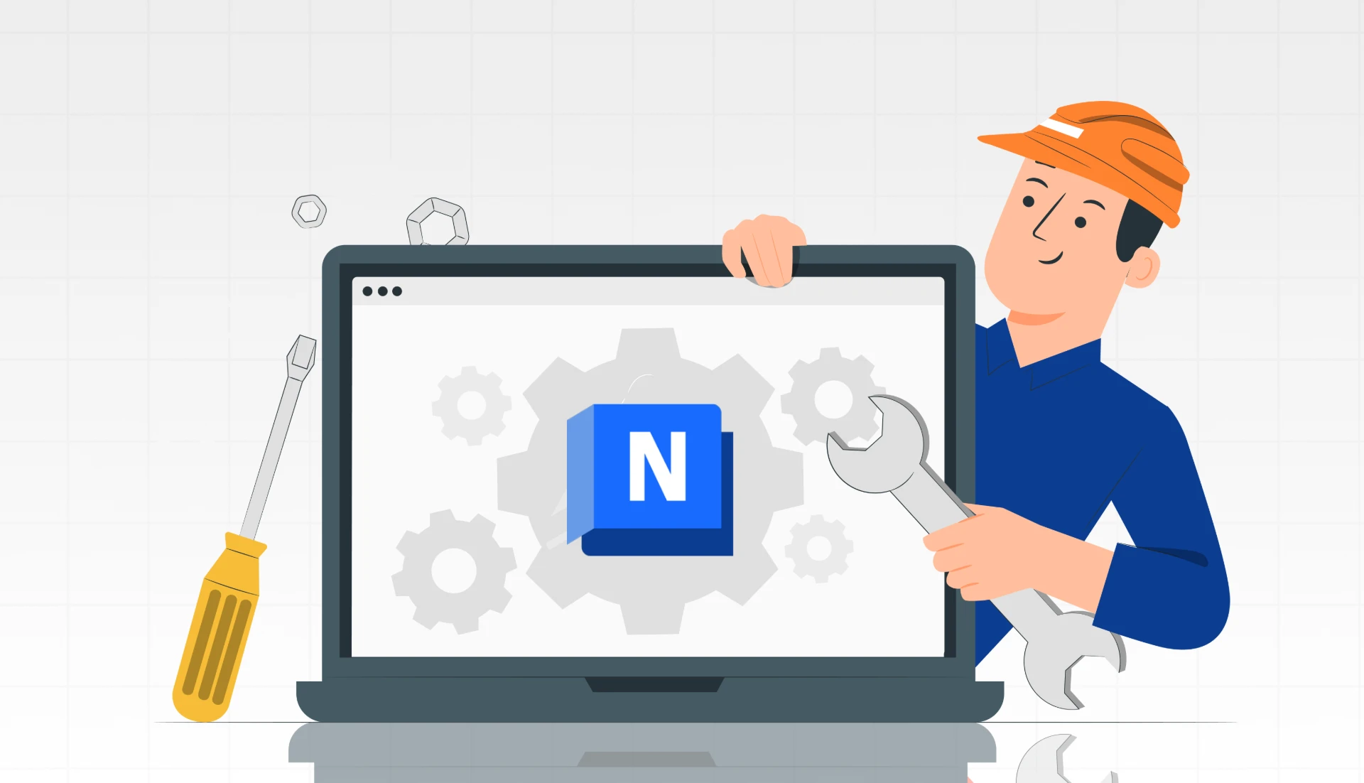 Imagem de um personagem com capacete, segurando uma chave de fenda e uma chave inglesa, apresentando um laptop com o logo do Navisworks na tela, simbolizando suporte técnico e uso de software de coordenação de projetos de construção.