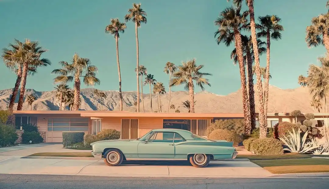 Imagem de um carro clássico vintage na frente de uma casa moderna com estilo mid century modern, rodeada por palmeiras em um cenário calmo e ensolarado.
