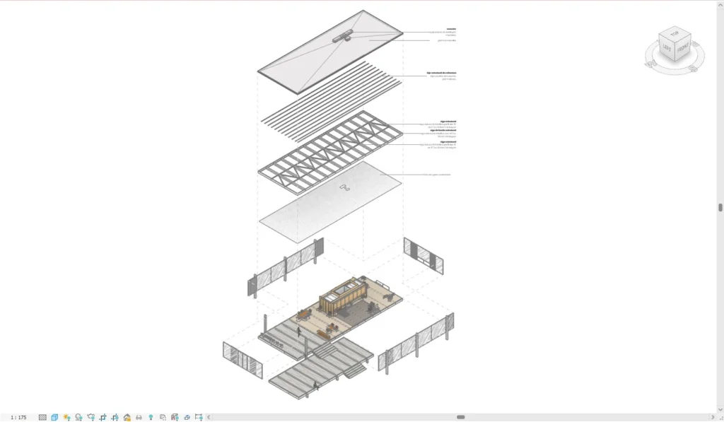 Ilustração técnica da casa Farnsworth, mostrando detalhes arquitetônicos e estrutura modular da famosa residência futurista do desenho animado.
