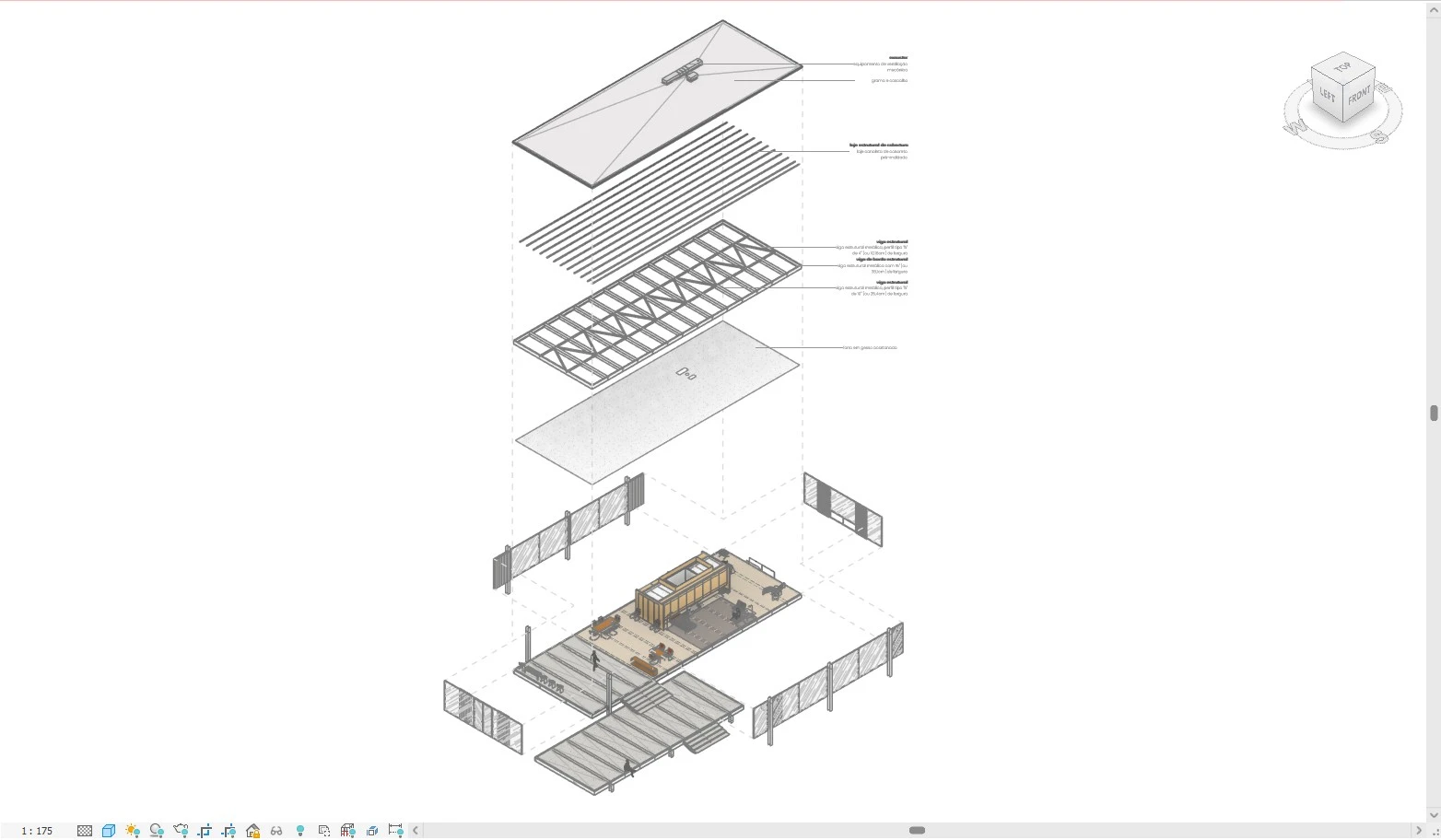 Ilustração técnica da casa Farnsworth, mostrando detalhes arquitetônicos e estrutura modular da famosa residência futurista do desenho animado.