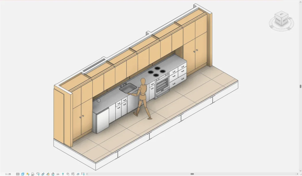 Ilustração detalhada de uma cozinha moderna com armários de madeira clara, eletrodomésticos brancos e uma pessoa interagindo com a bancada, representando uma casa futurista ao estilo da casa Farnsworth.