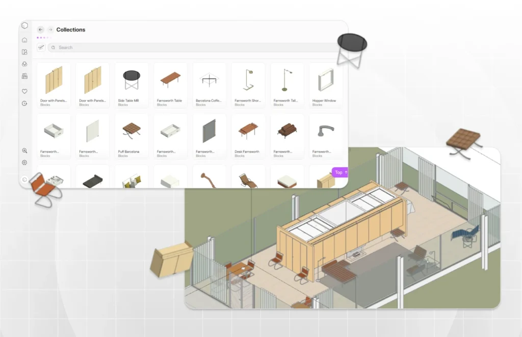 Ilustração detalhada da casa Farnsworth, destacando móveis e ambientes, ideal para projetos de arquitetura ou decoração de interiores.