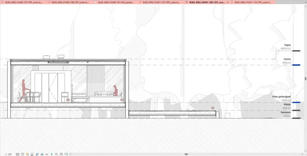 Desenho técnico da casa Farnsworth, mostrando o layout e detalhes internos da residência futurista, com ambientes bem definidos e tecnologia avançada, ideal para quem busca inspiração para projetos inovadores de casas futuristas.