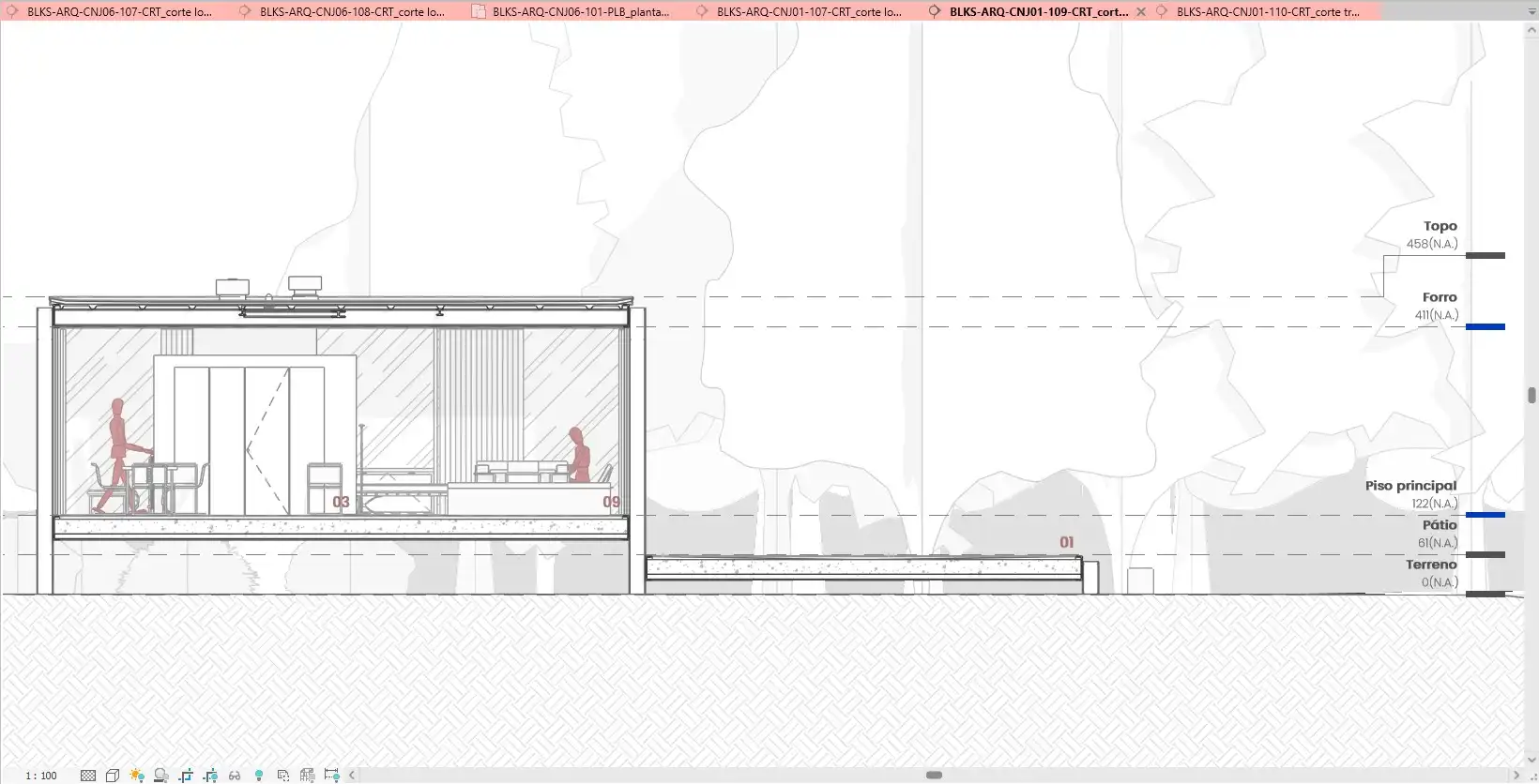 Desenho técnico da casa Farnsworth, mostrando o layout e detalhes internos da residência futurista, com ambientes bem definidos e tecnologia avançada, ideal para quem busca inspiração para projetos inovadores de casas futuristas.