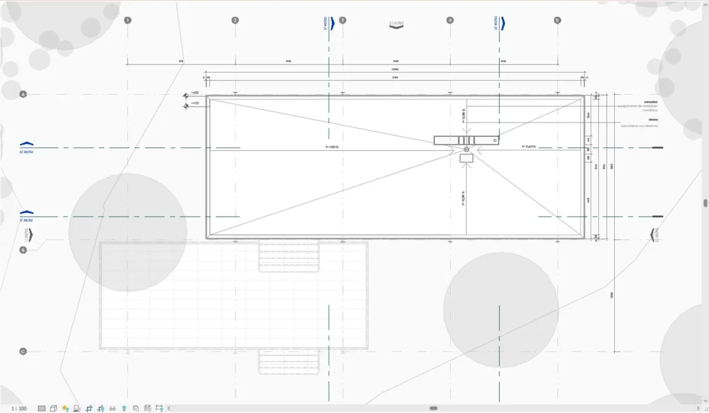 Imagem de uma planta arquitetônica da Casa Farnsworth, destacando detalhes do projeto estruturais e layout do imóvel.