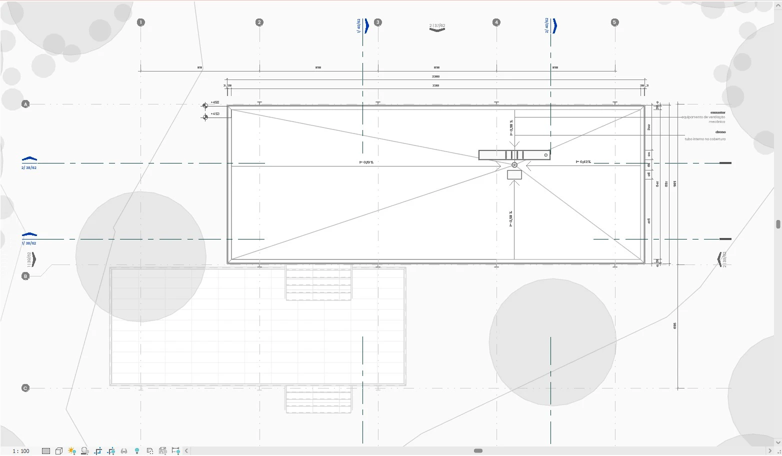 Imagem de uma planta arquitetônica da Casa Farnsworth, destacando detalhes do projeto estruturais e layout do imóvel.