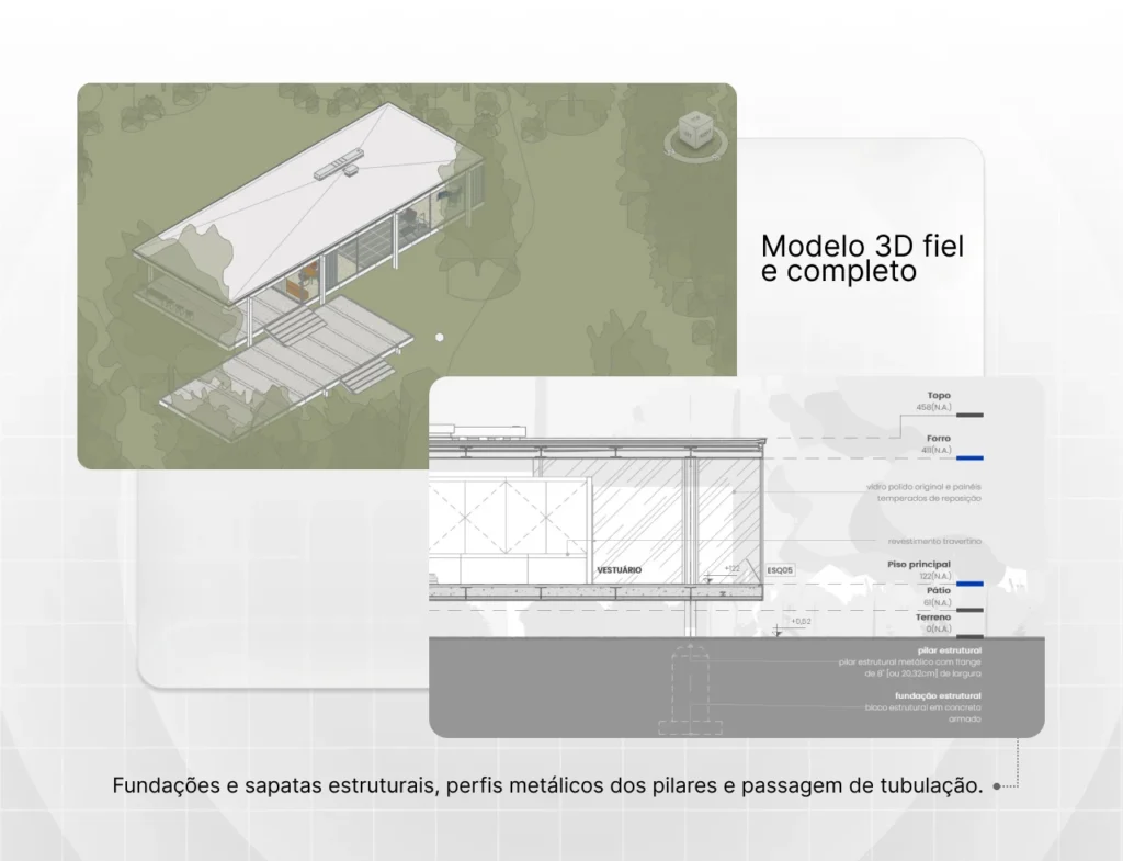 Imagem de projeto em 3D da Casa Farnsworth, mostrando planta, perfil estrutural e detalhes arquitetônicos, ideal para quem busca inspiração em casas modernas e sustentáveis.