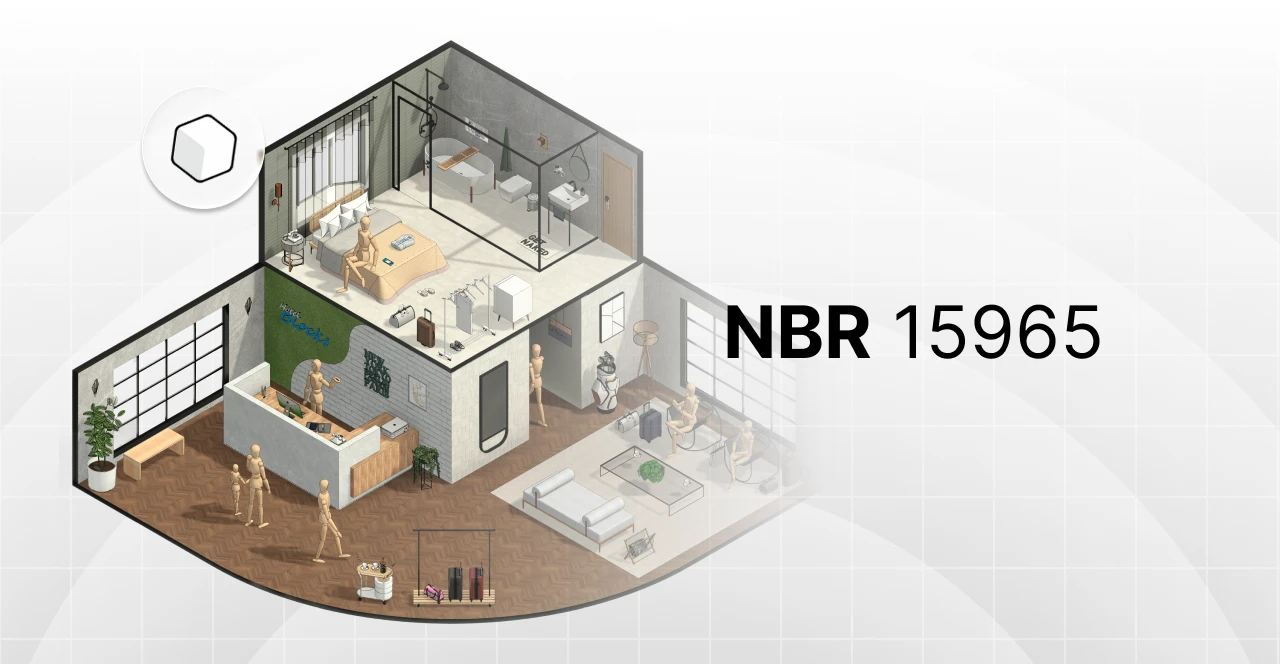 Ilustração de uma casa de dois andares com diferentes áreas de convivência, incluindo sala de estar, escritório, quartos e banheiro, destacando a conformidade com a norma NBR 15965.