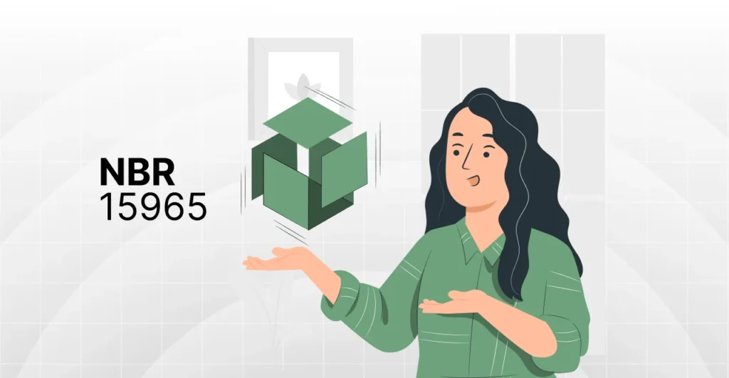 Ilustração de uma mulher apresentando o código NBR 15965, importante norma técnica brasileira relacionada a materiais ou procedimentos, em um ambiente digital.