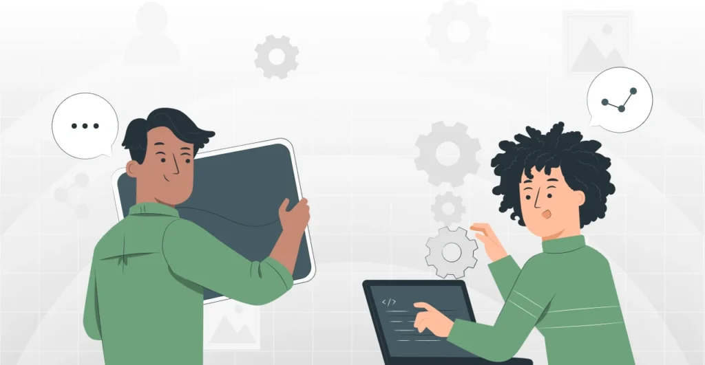 Ilustração de duas pessoas discutindo tecnologia, uma segurando um tablet e outra usando um laptop, com ícones de engrenagens e gráficos ao fundo, relacionada à norma NR 15965.