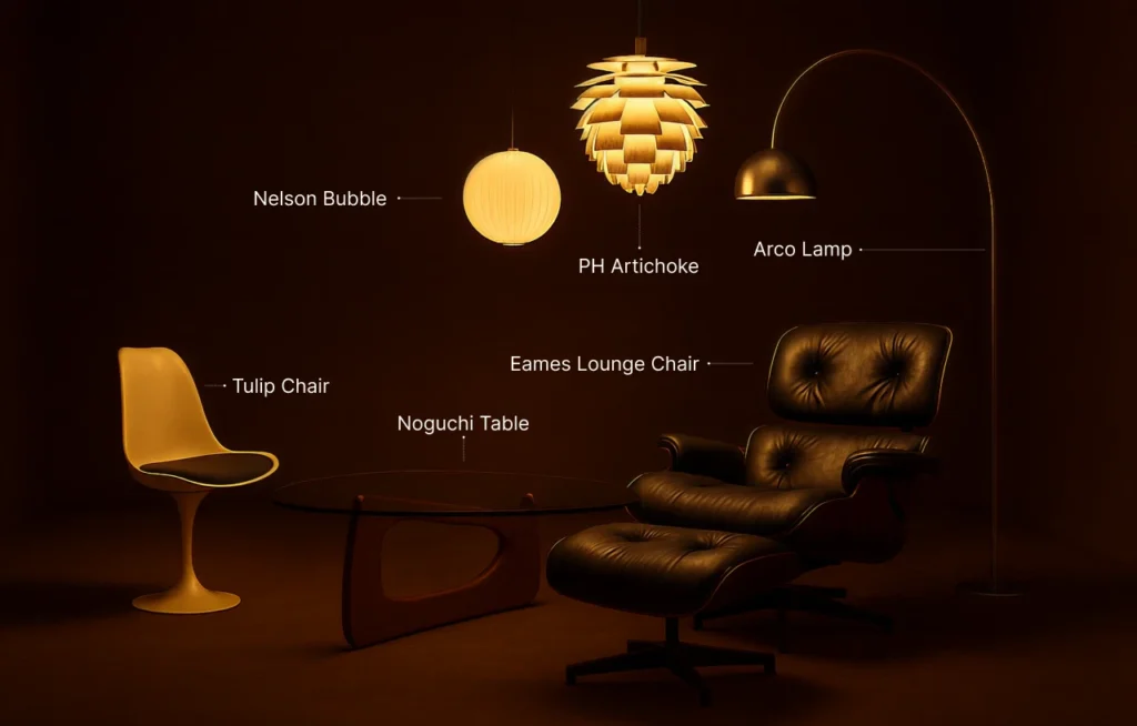 Imagem de móveis e luminárias no estilo mid-century modern, incluindo cadeiras, mesa e luminárias com design contemporâneo e elegante.