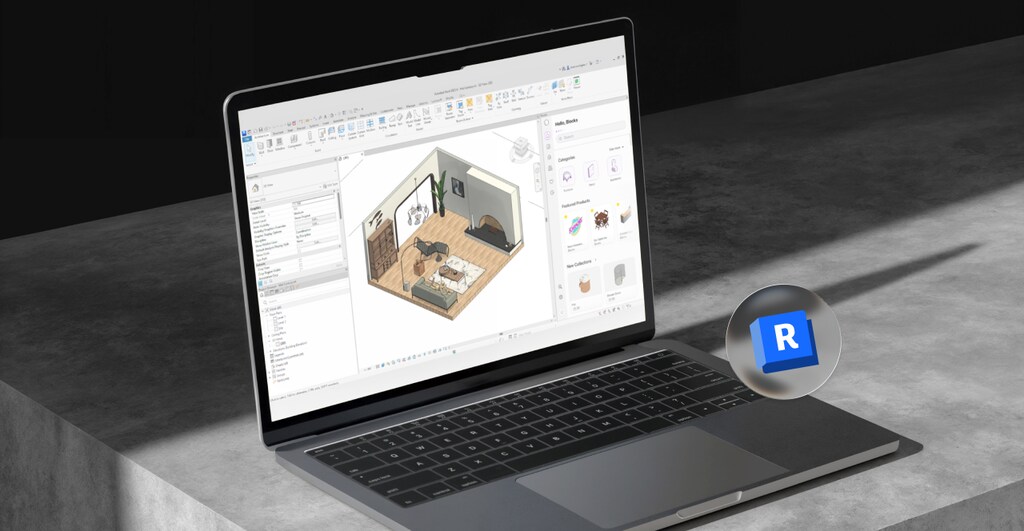 Notebook aberto em uma mesa mostrando o Revit aberto.