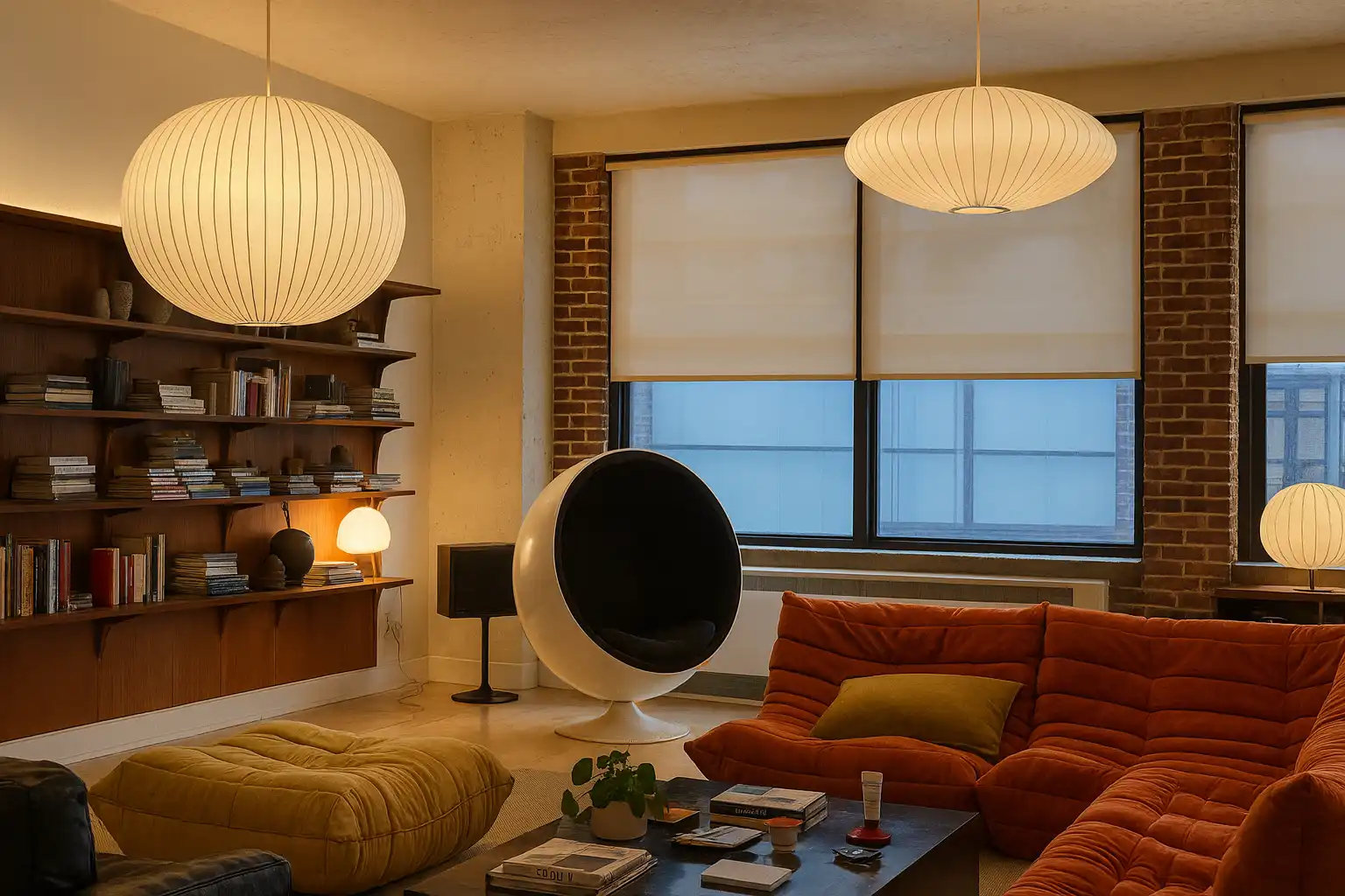 Sala de estar moderna com móveis aconchegantes, iluminação suave, poltronas confortáveis e decoração com livros e plantas, ideal para relaxar e receber visitas.