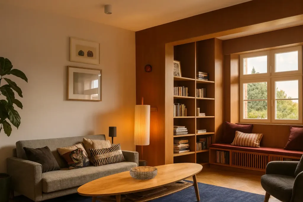 Sala de estar com decoração de estilo mid century modern, móveis de madeira, sofá cinza, livros na estante, iluminação suave e grande janela com vista para a natureza.