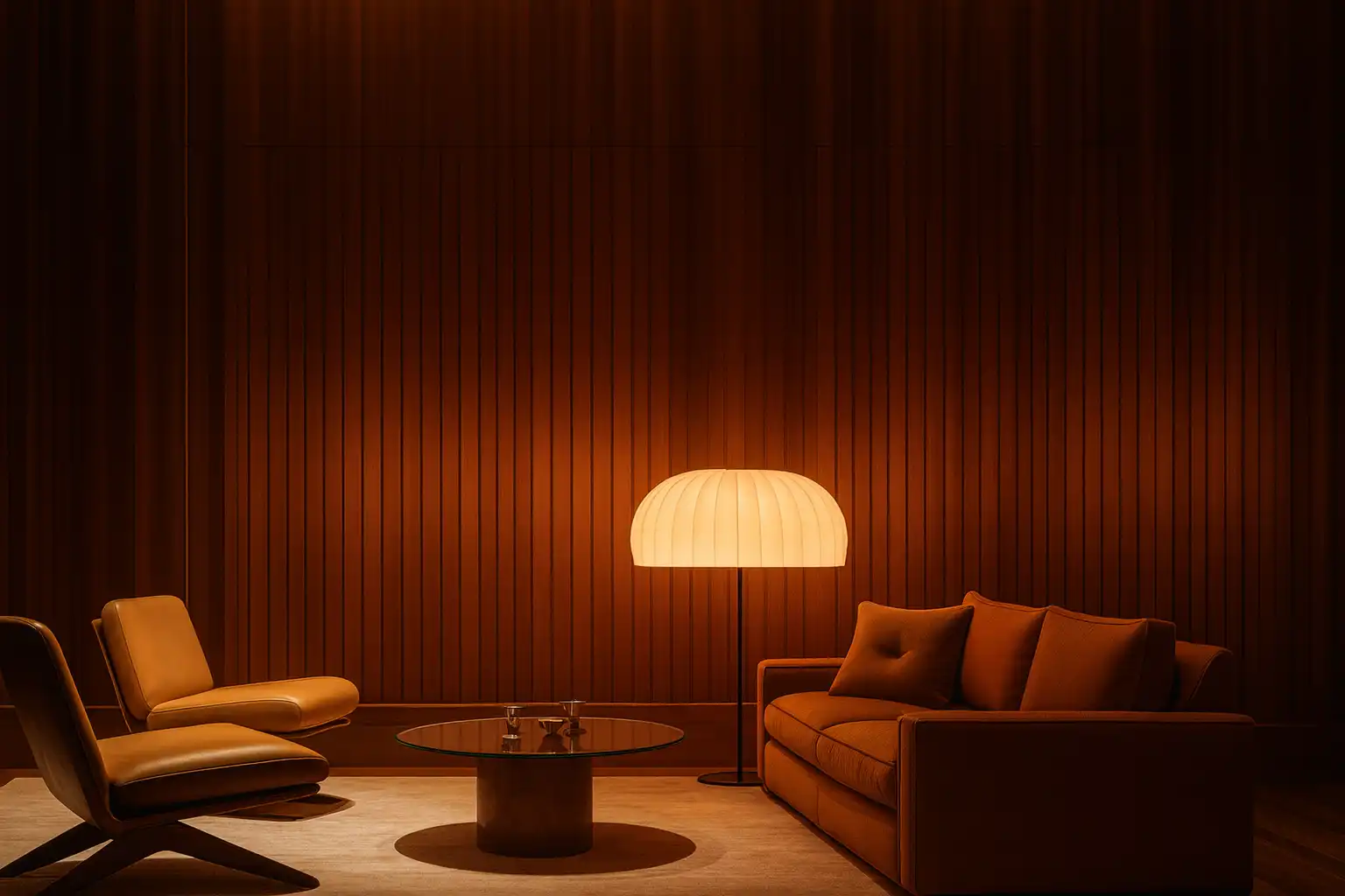 Salão de estar decorado no estilo mid century modern, com móveis vintage, iluminação suave e paredes de madeira, criando um ambiente aconchegante e elegante.