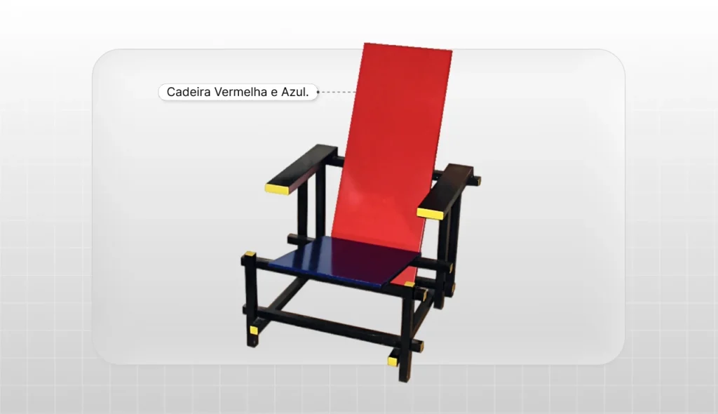 Cadeira com design no estilo De Stijl, featuring cores vermelha, azul e detalhes em preto e amarelo, com linhas retas e geometria minimalista.