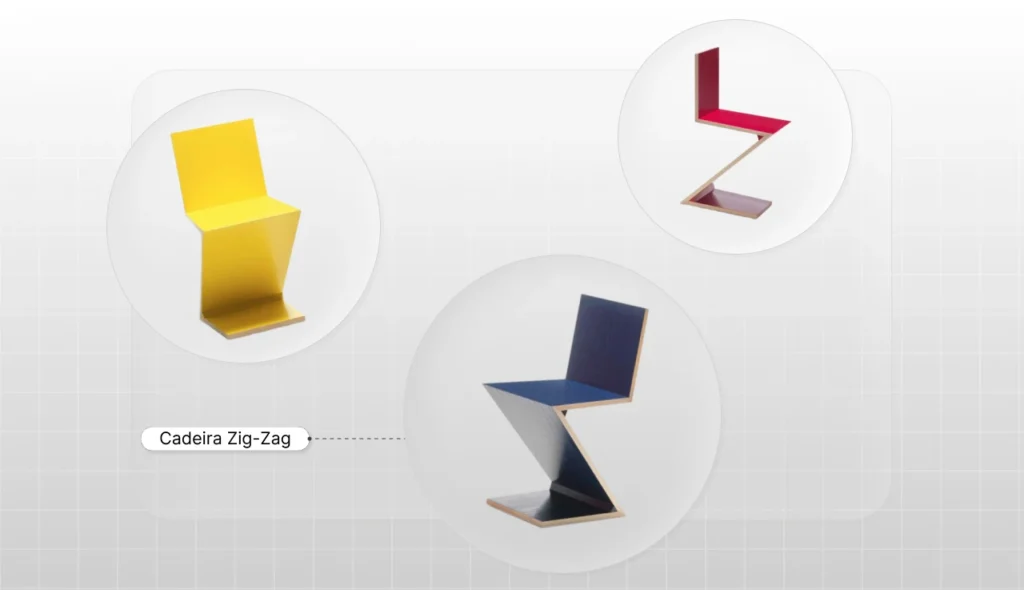 Imagem ilustrativa de cadeiras de estilo De Stijl, com cores vibrantes e formas geométricas simples, incluindo cadeiras amarelas, azul e vermelha, em design minimalista.