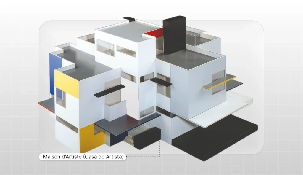 Casa do Artista, uma residência moderna de design inovador com formas geométricas e cores vibrantes, ideal para artistas criar e viver em um ambiente inspirador.