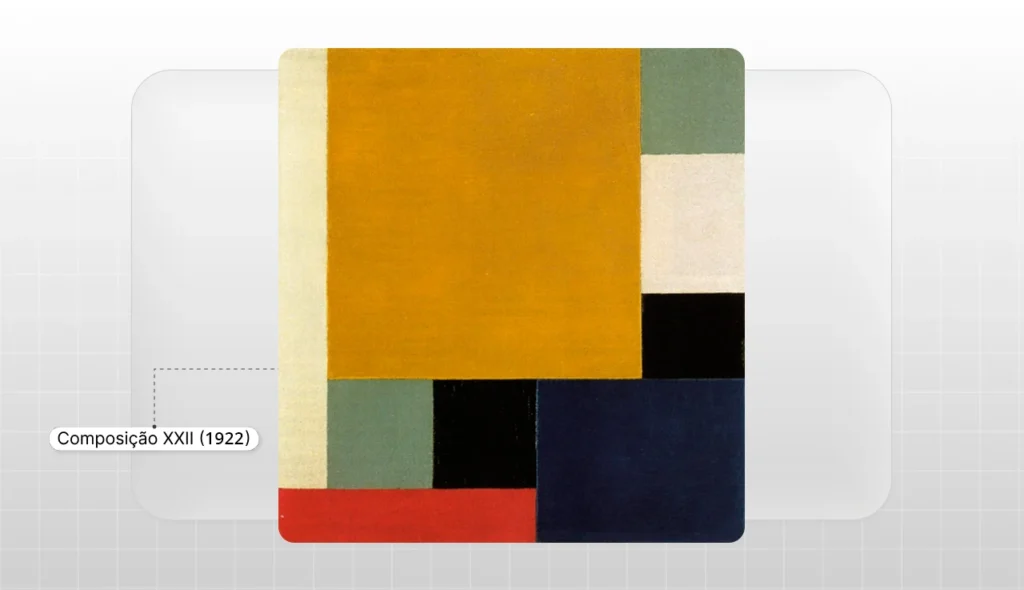 Imagem da obra 'Composição XXII' de 1922, caracterizada por formas geométricas coloridas em tons de amarelo, preto, azul, vermelho, branco e verde.