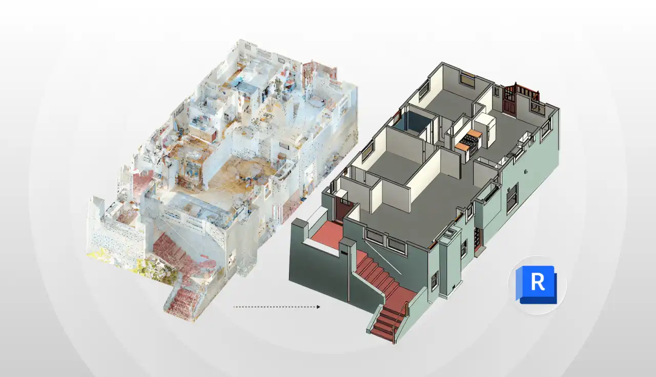 Imagem de um processo de digitalização de imóvel para criar um modelo 3D detalhado, facilitando a conversão de escaneamento para BIM em projetos de construção.