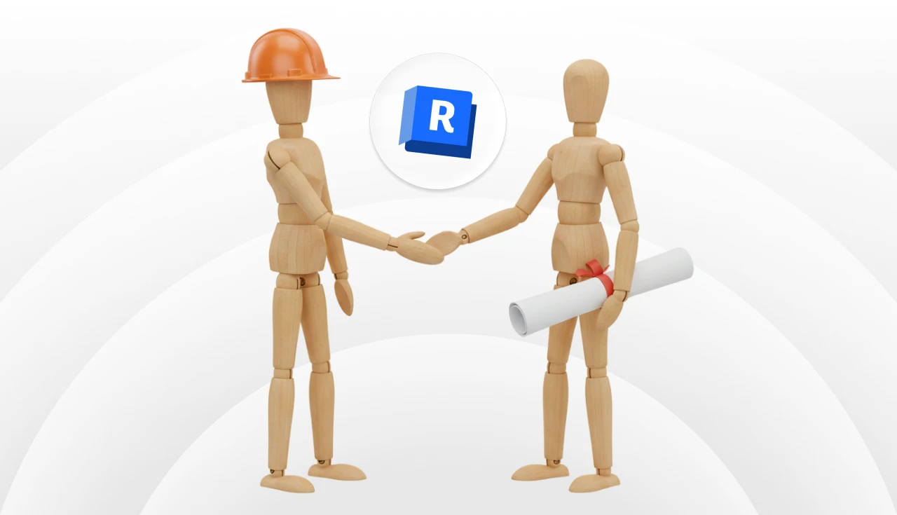 Duas figuras de madeira humanas, uma usando capacete de segurança e segurando um projeto de arquitetura, e a outra com diploma de graduação, simbolizando parceria na área de Revit para interiores.
