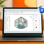 Imagem de um computador portátil exibindo um projeto de interiores em Revit, destacando as funcionalidades de modelagem 3D para otimizar projetos de interiores.