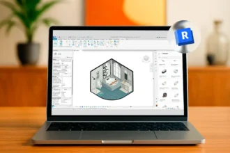 Imagem de um computador portátil exibindo um projeto de interiores em Revit, destacando as funcionalidades de modelagem 3D para otimizar projetos de interiores.