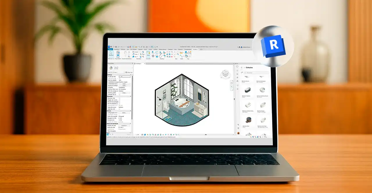 Imagem de um computador portátil exibindo um projeto de interiores em Revit, destacando as funcionalidades de modelagem 3D para otimizar projetos de interiores.