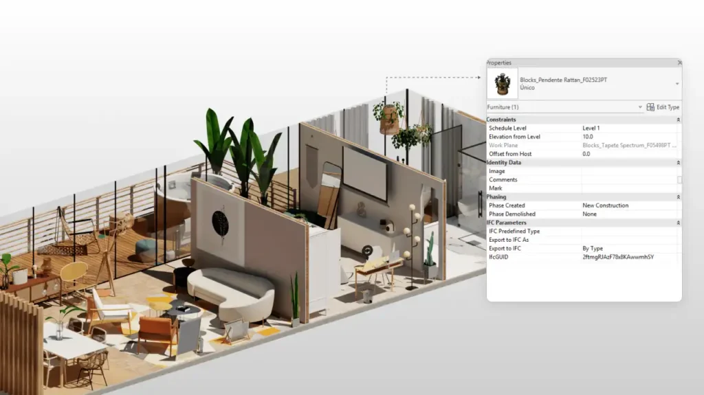 Imagem de um projeto de interiores criado no Revit, exibindo ambientes bem planejados com móveis e detalhes de decoração para otimizar espaços.