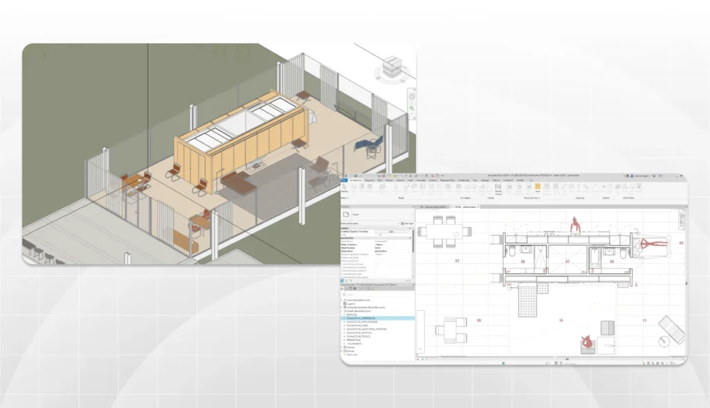 Imagem demonstrando projeto de interiores no Revit, destacando modelagem 3D e planta baixa para ambientes internos, ideal para profissionais de arquitetura.