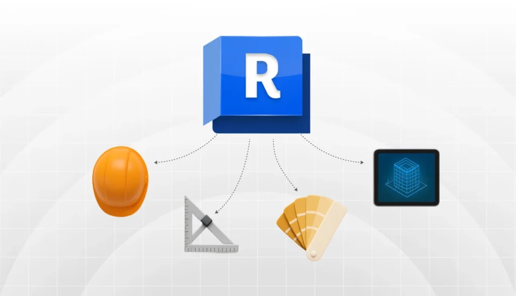 Imagem ilustrativa de recursos do Revit para interiores, destacando compatibilidade com diversas ferramentas de design, incluindo mouse, régua, paletas de cores e tablet com modelo 3D.