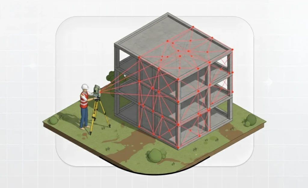 Processo de escaneamento com laser para geração de modelos BIM a partir de captura de dados 3D de uma construção usando tecnologia de scan to BIM para projetos de engenharia e arquitetura.