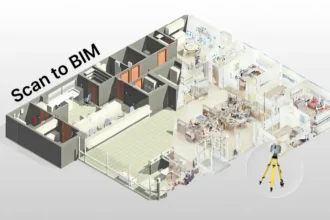 Imagem demonstrando o processo de scan to Bim, com um scanner terrestre realizando a digitalização de um imóvel para criação de um modelo BIM detalhado.
