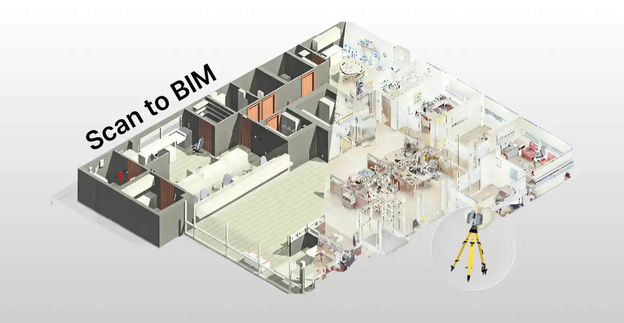 Imagem demonstrando o processo de scan to Bim, com um scanner terrestre realizando a digitalização de um imóvel para criação de um modelo BIM detalhado.